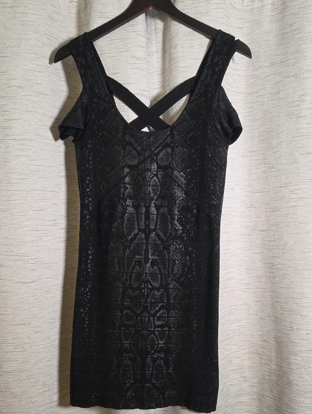 Black Snakeskin Pattern Bodycon Dress with Crisscross Back